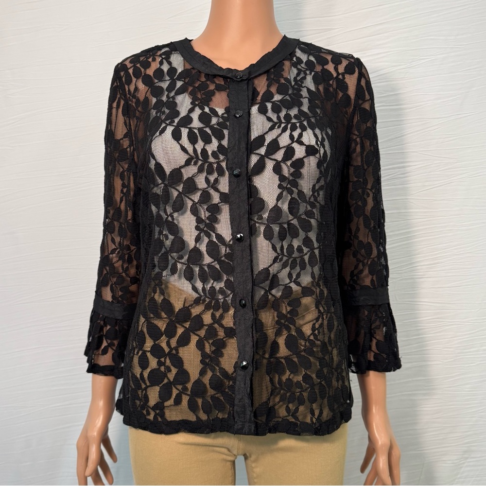 Elegant Lace Leaf Pattern Sheer Button-Down KM Collection